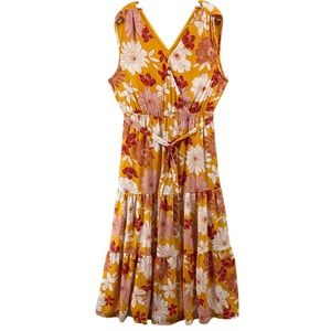 New DR2 Daniel Rainn Dress Womens XL Midi Sleeveless Yellow Floral Tiered